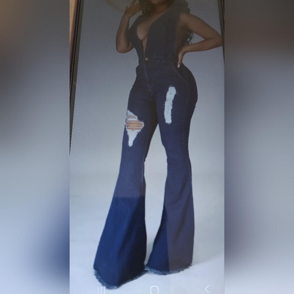 Banjul High Waist/Wide Leg Distressed Dark wash woman's jumpsuit Sz L